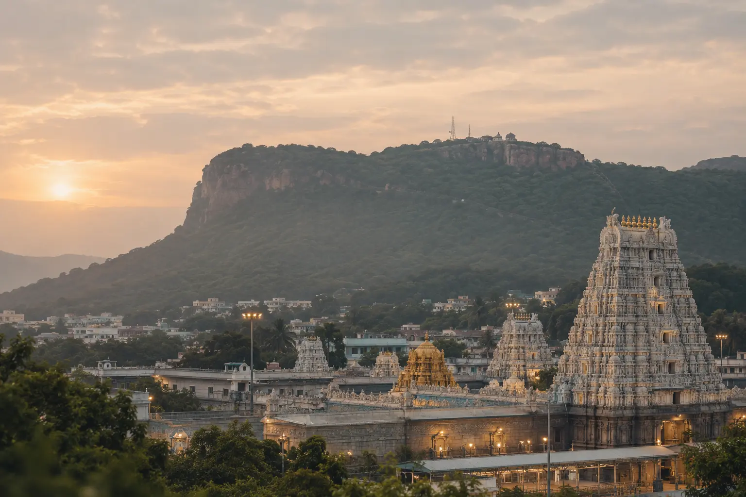 Temple towers at dusk beneath a forested hill in South India