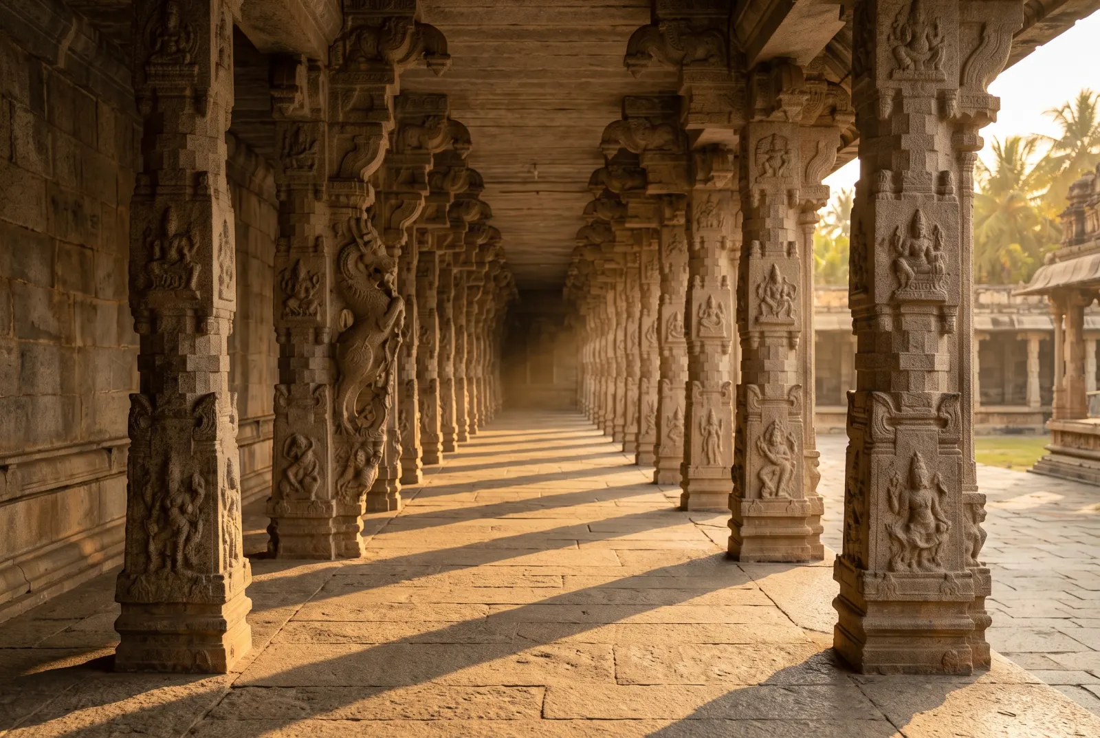 Carved stone pillared corridor of a South Indian temple in late afternoon light